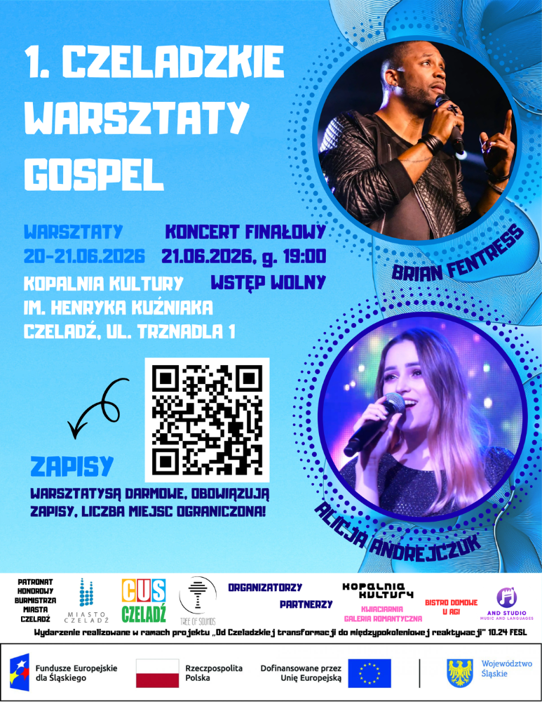 Niebieski plakat z dwoma zdjęciami artystów informujący o pierwszych warsztatach gospel w czleadzi